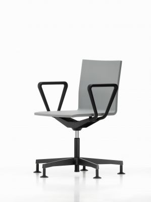 Grauer .04 Bürodrehstuhl von Vitra mit schwarzen Armlehnen und Fußkreuz auf weißem Hintergrund.